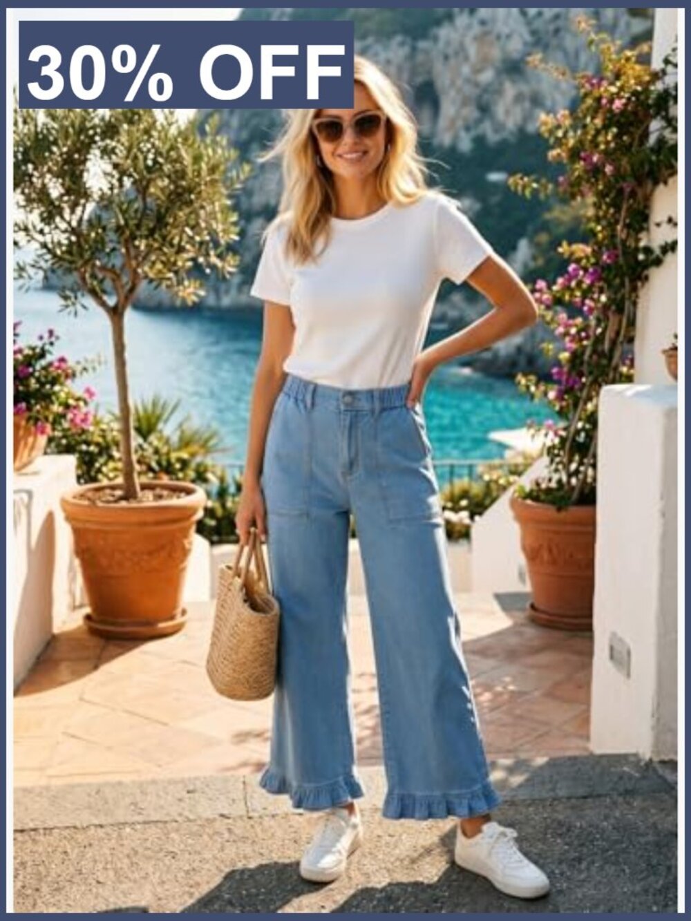 Wide Leg Jeans Stretch High Waist Baggy Trendy Denim Ruffle Hem Pants - Picture 4 of 7